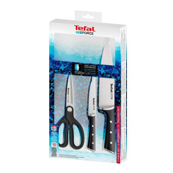 Tefal Ice Force 3-teiliges Messerset, Kochmesser, Universalmesser, Küchenschere, Klinge aus deutschem Edelstahl, lang anhaltende Schneidleistung und Schärfe, Edelstahl/Schwarz, K232S355