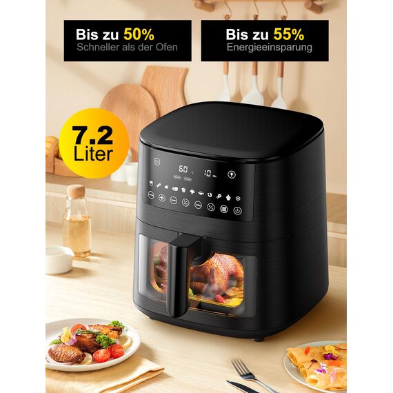 Heißluftfritteuse Airfryer mit Sichtfenster 7,2L, 11-in-1 Air Fryer XXL mit Warm halten, Vorheizfunktion & Abtau, Shake-Reminder Smart und Timer-Funktion, Gesunde Friteuse ohne Öl und fettarmes Kochen