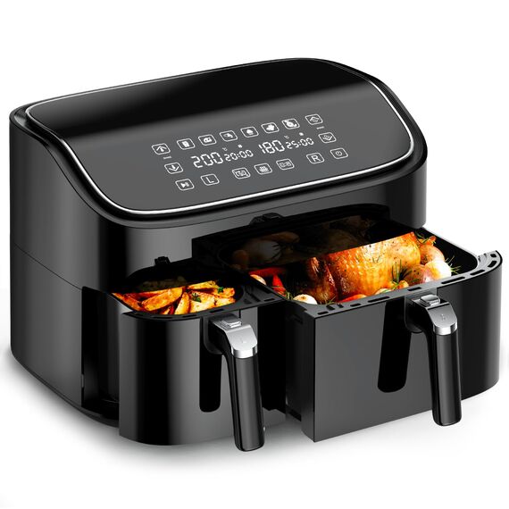 Heißluftfritteuse 2 kammern, Hochwertige 9L Airfryer (3L&6L), 2 Fächer, 6-in-1, Touchscreen, Spülmaschinenfeste Körbe, Antihaftbeschichtete Frittierkörbe, Gesunde Friteuse ohne Öl und fettarmes Kochen