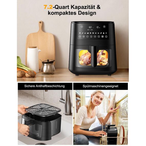 Heißluftfritteuse Airfryer mit Sichtfenster 7,2L, 11-in-1 Air Fryer XXL mit Warm halten, Vorheizfunktion & Abtau, Shake-Reminder Smart und Timer-Funktion, Gesunde Friteuse ohne Öl und fettarmes Kochen