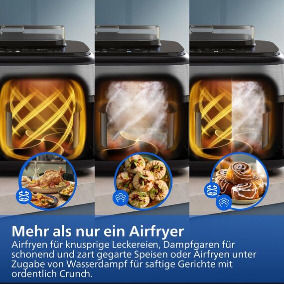 Philips Steam Airfryer 5000 Series Dual Basket Heißluftfritteuse mit Dampfgar-Funktion & 2 Körben – Steam, Airfry, SteamFy, 9L (3L+6L), RapidAir Plus, automatische Dampfreinigung (NA555/00)