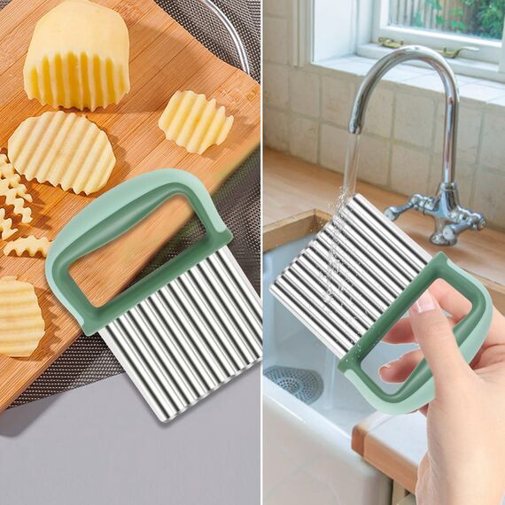 Yoosso Kartoffel Wellenmesser, Edelstahl Wellenschnitt Gemüse Wellenschneider mit Griff&Schützendem Kartoffelschneider Werkzeug für Obst Salat Butter(Grün)