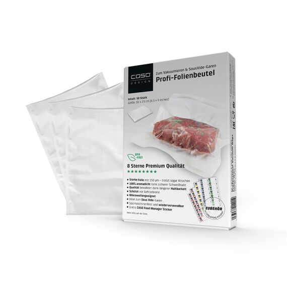 CASO 8 Sterne Profi- Folienbeutel 16x23 cm / 50 Beutel, Vakuumierbeutel für alle Vakuumierer, sehr stark & reißfest ca. 150µm, Vakuumbeutel Lebensmittel Vakuumiergerät, Sous Vide, BPA-frei