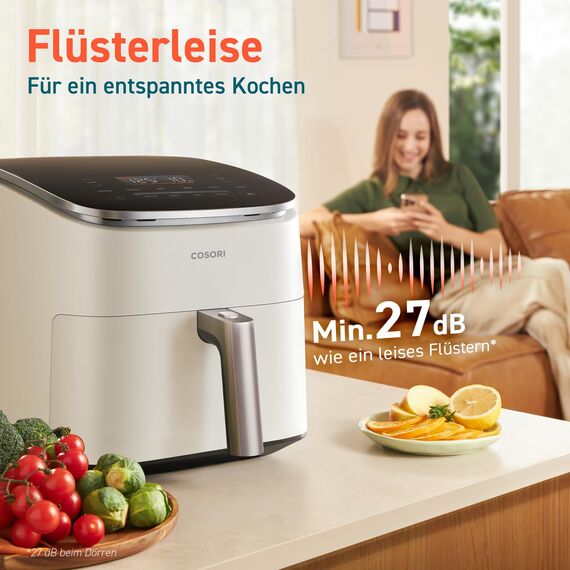 Cosori Turboblaze Heißluftfritteuse Airfryer, 9-in-1 Air Fryer XXL 6L, leiser DC Motor mit 5 Geschwindigkeitsstufen, Grillen, Backen, Gären, Dehydrieren, 87 Rezepte, 64% energiesparend, Weiß