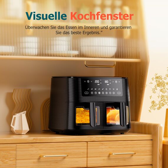 Heißluftfritteuse 2 kammern mit Sichtfenster, 9L Airfryer, 2 Fächer, 9-in-1, Touchscreen, Spülmaschinenfeste Körbe, Antihaftbeschichtete Frittierkörbe, Gesunde Friteuse ohne Öl und fettarmes Kochen