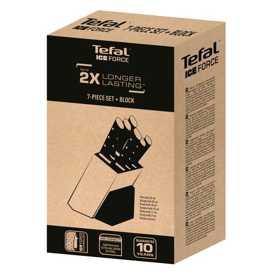 Tefal Ice Force 8-tlg. Messerblock-Set, 6 Messer, 1 Schere, 1 Holz-Messerblock, hochwertiger deutscher Edelstahl, Ice Force Technologie, korrosionsbeständig, schwarz, braun, silber, K232S7