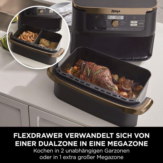 Ninja Foodi FlexDrawer Dual Zone Heißluftfritteuse, Air fryer mit 10,4-Fach und herausnehmbarem Trenner, Antihaftbeschichtung, spülmaschinenfester Korb, 7-in-1, Schwarz & Kupfer, AF500EUCP