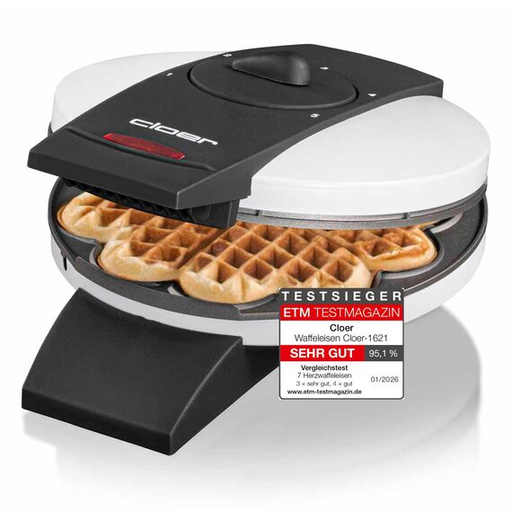 Cloer 1621 Waffeleisen für klassische Herzwaffeln, 930 W, Waffelgröße 15,5 cm, stufenlos wählbarer Bräunungsgrad, weiß, Metall