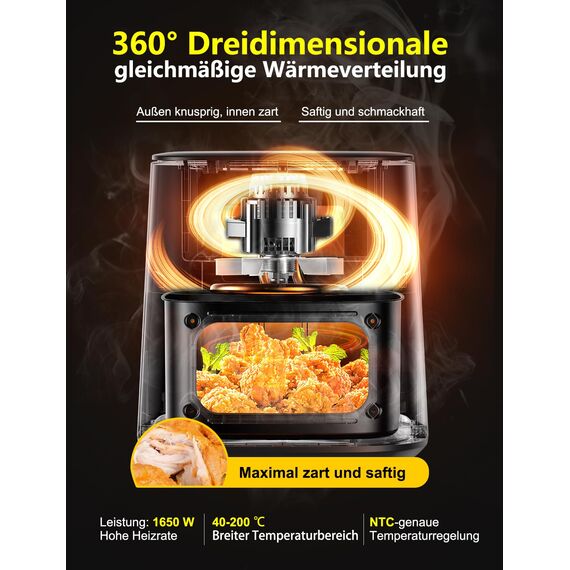 Heißluftfritteuse Airfryer mit Sichtfenster 7,2L, 11-in-1 Air Fryer XXL mit Warm halten, Vorheizfunktion & Abtau, Shake-Reminder Smart und Timer-Funktion, Gesunde Friteuse ohne Öl und fettarmes Kochen