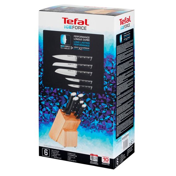 Tefal Ice Force Messerblock aus Holz, 5 Messer, Brotmesser 20 cm, Chefmesser 20 cm, Santokumesser 18 cm, Gemüsemesser 11 cm, Tranchiermesser 9 cm, Edelstahl, braun/schwarz, K232S5