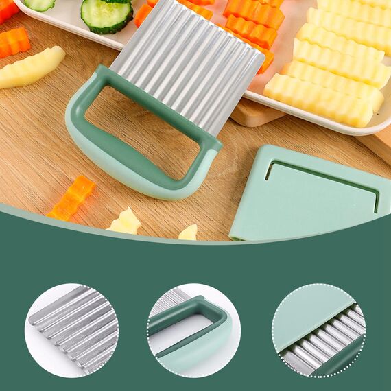 Yoosso Kartoffel Wellenmesser, Edelstahl Wellenschnitt Gemüse Wellenschneider mit Griff&Schützendem Kartoffelschneider Werkzeug für Obst Salat Butter(Grün)