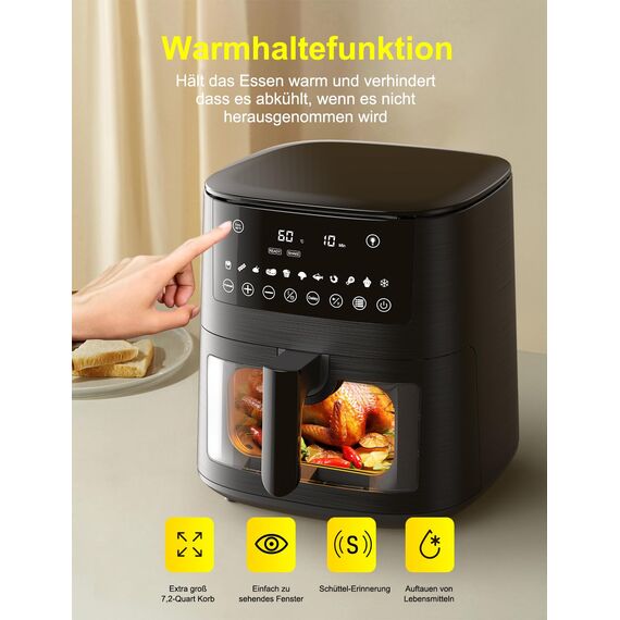 Heißluftfritteuse Airfryer mit Sichtfenster 7,2L, 11-in-1 Air Fryer XXL mit Warm halten, Vorheizfunktion & Abtau, Shake-Reminder Smart und Timer-Funktion, Gesunde Friteuse ohne Öl und fettarmes Kochen
