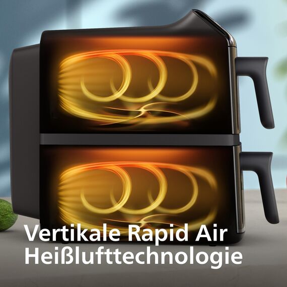 Philips Airfryer 4000 Series Stacked Dual Basket, Gestapelte Heißluftfritteuse mit 2 Körben, 10L, RapidAir Technologie, 45% weniger Platzbedarf, PFAS-freie Keramikbeschichtung, Sichtfenster (NA462/70)
