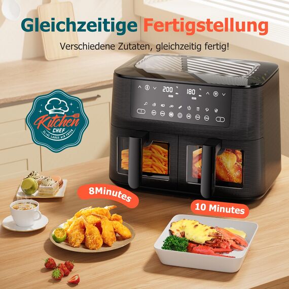Heißluftfritteuse 2 kammern mit Sichtfenster, 9L Airfryer, 2 Fächer, 9-in-1, Touchscreen, Spülmaschinenfeste Körbe, Antihaftbeschichtete Frittierkörbe, Gesunde Friteuse ohne Öl und fettarmes Kochen