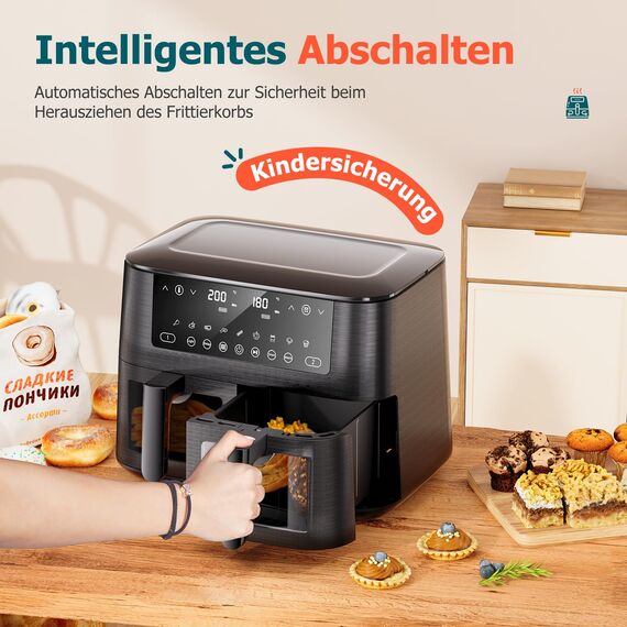 Heißluftfritteuse 2 kammern mit Sichtfenster, 9L Airfryer, 2 Fächer, 9-in-1, Touchscreen, Spülmaschinenfeste Körbe, Antihaftbeschichtete Frittierkörbe, Gesunde Friteuse ohne Öl und fettarmes Kochen