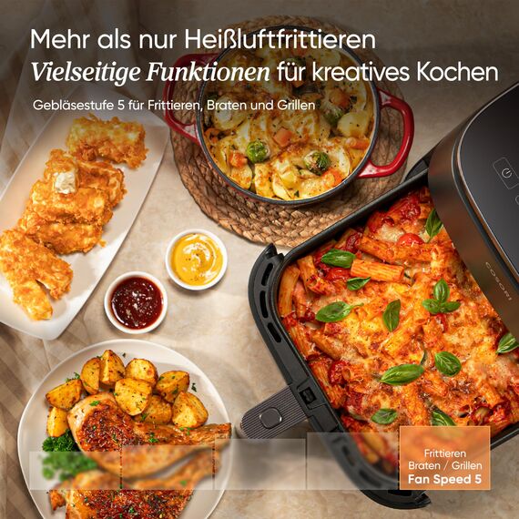Cosori Turboblaze Airfryer Heißluftfritteuse, 9-in-1 Air Fryer XXL 6L, leiser DC Motor mit 5 Geschwindigkeitsstufen, Grillen, Backen, Gären, Dehydrieren, Tiefkühlen, 87 Rezepte, 64% energiesparend