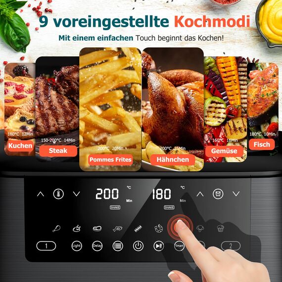 Heißluftfritteuse 2 kammern mit Sichtfenster, 9L Airfryer, 2 Fächer, 9-in-1, Touchscreen, Spülmaschinenfeste Körbe, Antihaftbeschichtete Frittierkörbe, Gesunde Friteuse ohne Öl und fettarmes Kochen