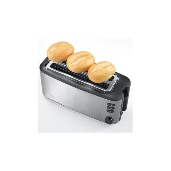 Severin Doppel-Langschlitztoaster mit eingebautem Brötchen-Aufsatz, für 4 Brotscheiben, Brotscheibenzentrierung, Aufwärm- und Defroster-Stufe, Edelstahl gebürstet, schwarz, 1.400 W, AT 2509
