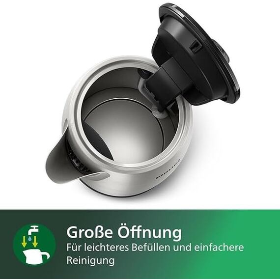 Philips Daily Collection Metall Wasserkocher – 1,7L, Leuchtanzeige, 360°-Basis, Mikro-Sieb-Filter, Flaches Heizelement, Sprungdeckel, Energiesparend, Sicheres Design, Schnelles Aufkochen (HD9350/90)