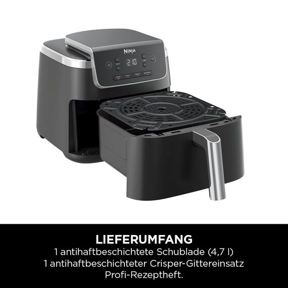 Ninja PRO Air Fryer Heißluftfritteuse, 4,7L Airfryer, Einzelkorb-Heißluftfritteuse, 4-in-1, für 1-2 Portionen, Digital, Kochen aus dem Gefrorenen, Antihaft-Schublade & Crisper Korb, Schwarz AF140EU