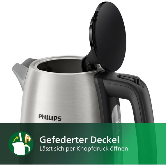 Philips Daily Collection Metall Wasserkocher – 1,7L, Leuchtanzeige, 360°-Basis, Mikro-Sieb-Filter, Flaches Heizelement, Sprungdeckel, Energiesparend, Sicheres Design, Schnelles Aufkochen (HD9350/90)