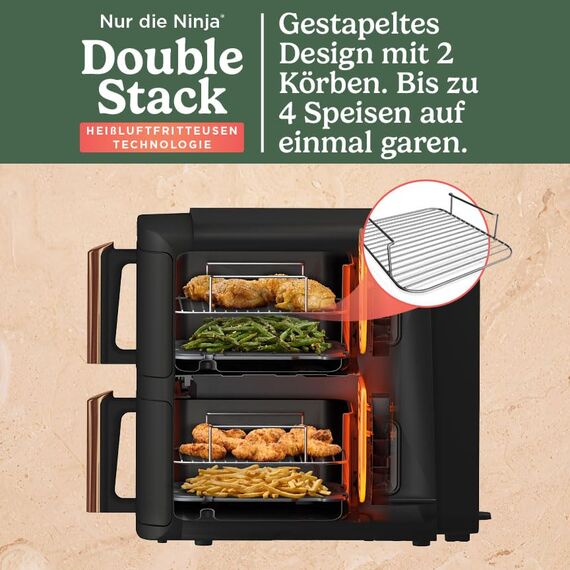 Ninja Double Stack XL Heißluftfritteuse, 2 vertikale Schubladen, 4 Kochstufen, 2 Einschübe, platzsparendes Design, 9,5 L Fassungsvermögen, 6 Funktionen, 8 Portionen, Zange, Schwarz/Kupfer SL400EUCP