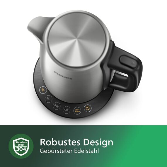 Philips Wasserkocher – 1.7 L Fassungsvermögen mit Temperaturregelung, Warmhaltefunktion und Kontrollanzeige, Pirouettenbasis, 2200 Watt, 23 x 18.8 x 25.7 cm,Edelstahl, (HD9359/90)