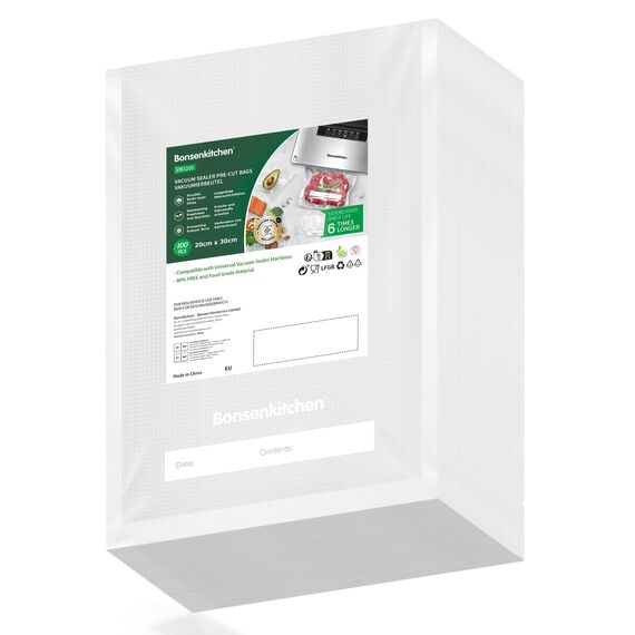 Bonsenkitchen Profi Vakuumbeutel, 100 Beutel 20x30cm Vakuumierbeutel für alle Vakuumierer & Lebensmittel Vakuumiergerät, Kochfest und Sous Vide Gefrierbeutel, BPA-frei, VB3205