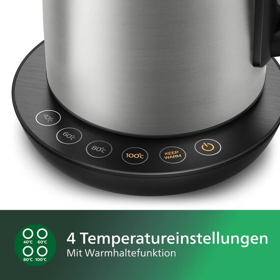 Philips Wasserkocher – 1.7 L Fassungsvermögen mit Temperaturregelung, Warmhaltefunktion und Kontrollanzeige, Pirouettenbasis, 2200 Watt, 23 x 18.8 x 25.7 cm,Edelstahl, (HD9359/90)