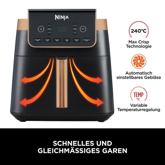 Ninja Heißluftfritteuse MAX PRO, 6,2 L, ölfrei, große Schublade, Rösten, Backen, Air Fry, Antihaftbeschichtet, Spülmaschinenfester Korb & Crisper Gittereinsatz, Silikonzange, Schwarz/Kupfer, AF180EUCP