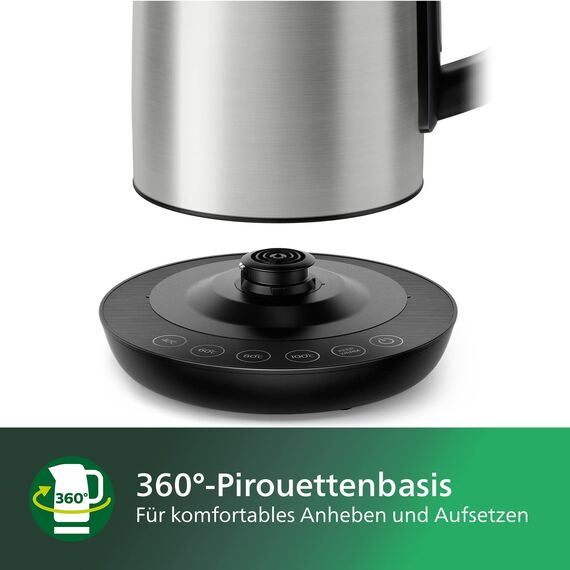 Philips Wasserkocher – 1.7 L Fassungsvermögen mit Temperaturregelung, Warmhaltefunktion und Kontrollanzeige, Pirouettenbasis, 2200 Watt, 23 x 18.8 x 25.7 cm,Edelstahl, (HD9359/90)
