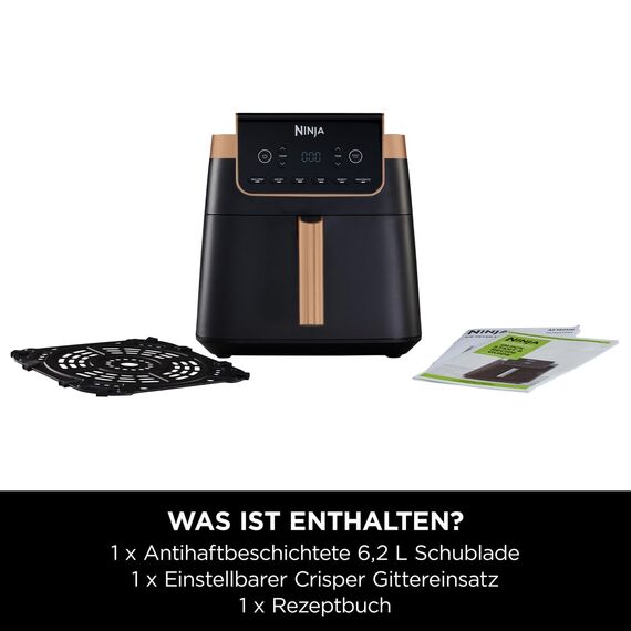 Ninja Heißluftfritteuse MAX PRO, 6,2 L, ölfrei, große Schublade, Rösten, Backen, Air Fry, Antihaftbeschichtet, Spülmaschinenfester Korb & Crisper Gittereinsatz, Silikonzange, Schwarz/Kupfer, AF180EUCP