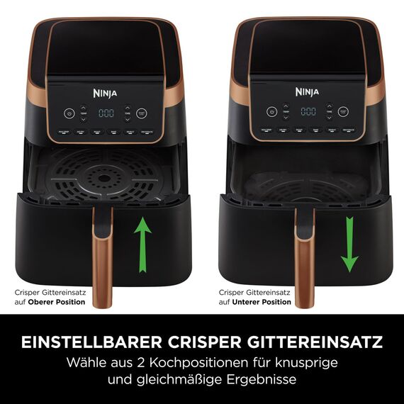 Ninja Heißluftfritteuse MAX PRO, 6,2 L, ölfrei, große Schublade, Rösten, Backen, Air Fry, Antihaftbeschichtet, Spülmaschinenfester Korb & Crisper Gittereinsatz, Silikonzange, Schwarz/Kupfer, AF180EUCP