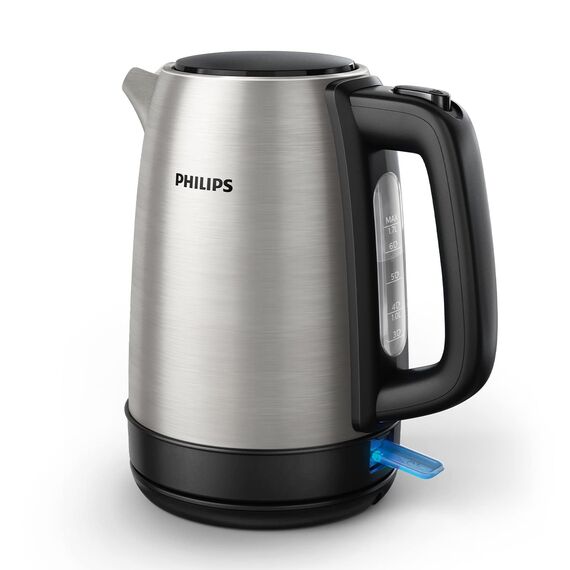 Philips Daily Collection Metall Wasserkocher – 1,7L, Leuchtanzeige, 360°-Basis, Mikro-Sieb-Filter, Flaches Heizelement, Sprungdeckel, Energiesparend, Sicheres Design, Schnelles Aufkochen (HD9350/90)
