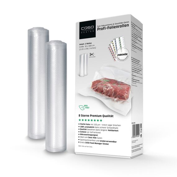 CASO 8 Sterne Profi- Folienrollen 30x600 cm / 2 Rollen, Vakuumierbeutel für alle Vakuumierer, sehr stark & reißfest ca. 150µm, Vakuumbeutel Lebensmittel Vakuumiergerät, Sous Vide, BPA-frei