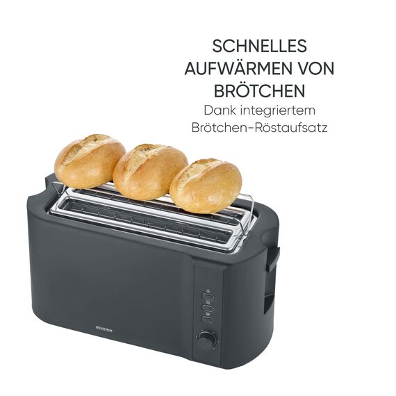 Severin Toaster Langschlitz, 4 Scheiben mit integrierten Brötchenaufsatz, 2 Langschlitz-Röstschachte, verschiedene Aufwärmstufen, 1.400 W, Schwarz Matt, AT 2591, Mattschwarz
