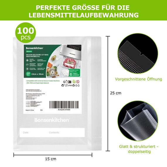 Bonsenkitchen Vakuumierbeutel 15x25cm, 100 Beutel Profi-Folienbeutel für alle Vakuumiergerät, vakuumbeutel für lebensmittel, Sous Vide Gefrierbeutel, Einschweissbeutel, BPA-frei