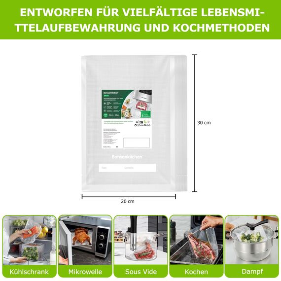 Bonsenkitchen Profi Vakuumbeutel, 100 Beutel 20x30cm Vakuumierbeutel für alle Vakuumierer & Lebensmittel Vakuumiergerät, Kochfest und Sous Vide Gefrierbeutel, BPA-frei, VB3205