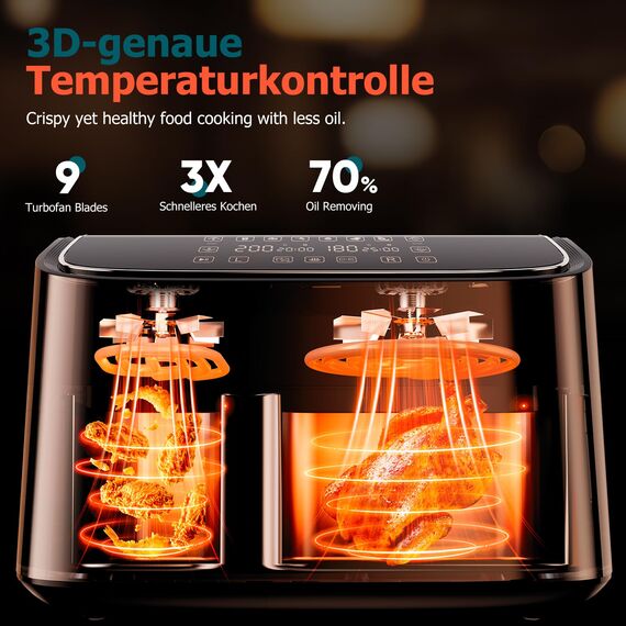 Heißluftfritteuse 2 kammern, Hochwertige 9L Airfryer (3L&6L), 2 Fächer, 6-in-1, Touchscreen, Spülmaschinenfeste Körbe, Antihaftbeschichtete Frittierkörbe, Gesunde Friteuse ohne Öl und fettarmes Kochen