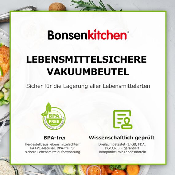 Bonsenkitchen Profi Vakuumbeutel, 100 Beutel 20x30cm Vakuumierbeutel für alle Vakuumierer & Lebensmittel Vakuumiergerät, Kochfest und Sous Vide Gefrierbeutel, BPA-frei, VB3205