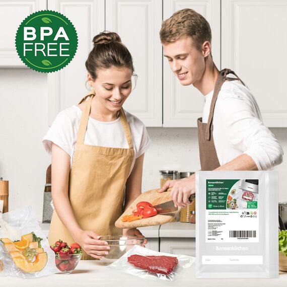 Bonsenkitchen Vakuumierbeutel 15x25cm, 100 Beutel Profi-Folienbeutel für alle Vakuumiergerät, vakuumbeutel für lebensmittel, Sous Vide Gefrierbeutel, Einschweissbeutel, BPA-frei