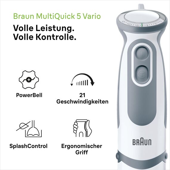 Braun Household Stabmixer MQ 5235WH Stabmixer – MultiQuick 5 Vario Pürierstab mit Edelstahl Mixfuß, 1000 Watt, inkl. 3-teiligem Zubehör-Set, weiß/grau [Energieklasse A]