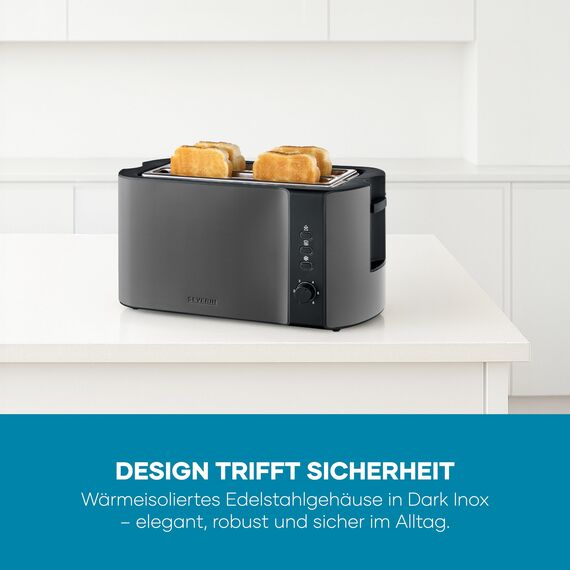 Severin Automatik-Langschlitztoaster, Toaster mit Brötchenaufsatz, hochwertiger Edelstahl Toaster mit großen Röstkammern und 1400 W Leistung, Auftau-Funktion, dark inox/schwarz, AT 9341