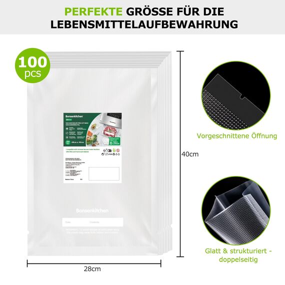 Bonsenkitchen Vakuumierbeutel 28x40 cm, 100 Beutel Profi-Folienbeutel für alle Vakuumiergerät, vakuumbeutel für Lebensmittel, Sous Vide Gefrierbeutel, Einschweissbeutel, BPA-frei, VB3214