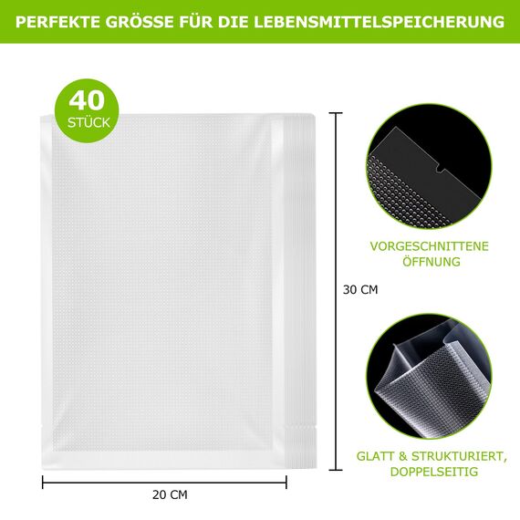 Bonsenkitchen Profi Vakuumbeutel, 40 Beutel 20x30cm Vakuumierbeutel für alle Vakuumierer & Lebensmittel Vakuumiergerät, Kochfest und Sous Vide Gefrierbeutel, BPA-frei, VB32
