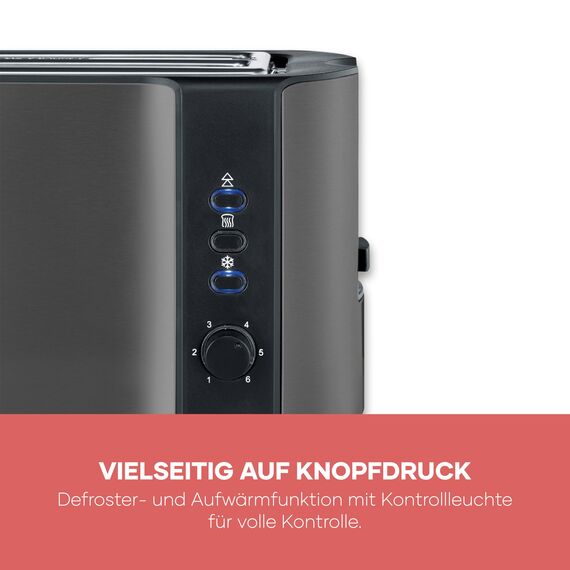 Severin Automatik-Langschlitztoaster, Toaster mit Brötchenaufsatz, hochwertiger Edelstahl Toaster mit großen Röstkammern und 1400 W Leistung, Auftau-Funktion, dark inox/schwarz, AT 9341