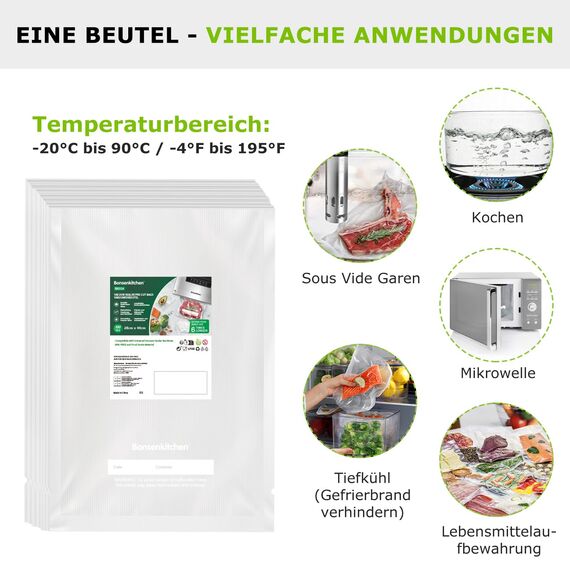 Bonsenkitchen Vakuumierbeutel 28x40 cm, 100 Beutel Profi-Folienbeutel für alle Vakuumiergerät, vakuumbeutel für Lebensmittel, Sous Vide Gefrierbeutel, Einschweissbeutel, BPA-frei, VB3214