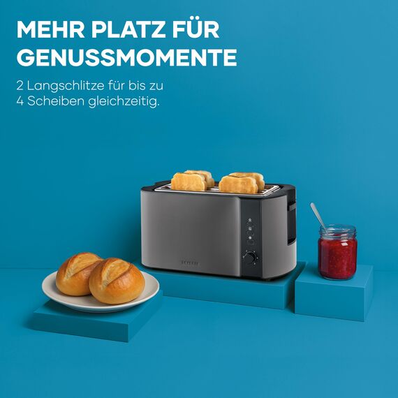 Severin Automatik-Langschlitztoaster, Toaster mit Brötchenaufsatz, hochwertiger Edelstahl Toaster mit großen Röstkammern und 1400 W Leistung, Auftau-Funktion, dark inox/schwarz, AT 9341