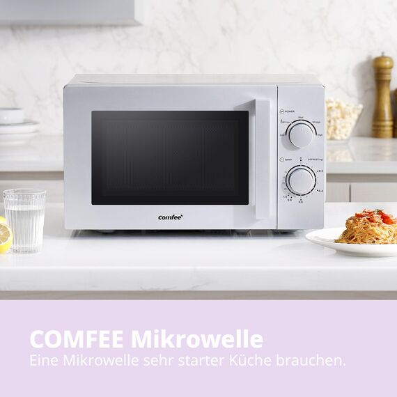 Comfee CMSN 20 si Mikrowelle / Solo-Mikrowelle mit 5 Leistungsstufen/ Innenbeleuchtung/ easy Defrost/360°Drehteller / Zwei Drehregler/20L/700W/ Silber