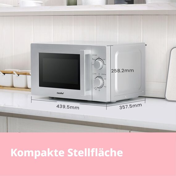 Comfee CMSN 20 si Mikrowelle / Solo-Mikrowelle mit 5 Leistungsstufen/ Innenbeleuchtung/ easy Defrost/360°Drehteller / Zwei Drehregler/20L/700W/ Silber